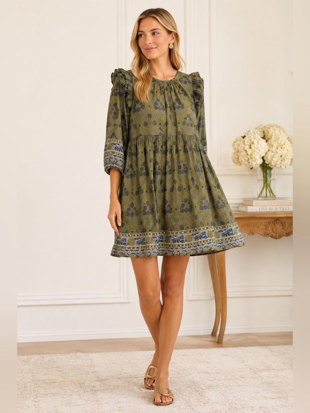 Victoria Dunn Olive Green Floral Ruffle Sleeve Cotton Dress | Size Small